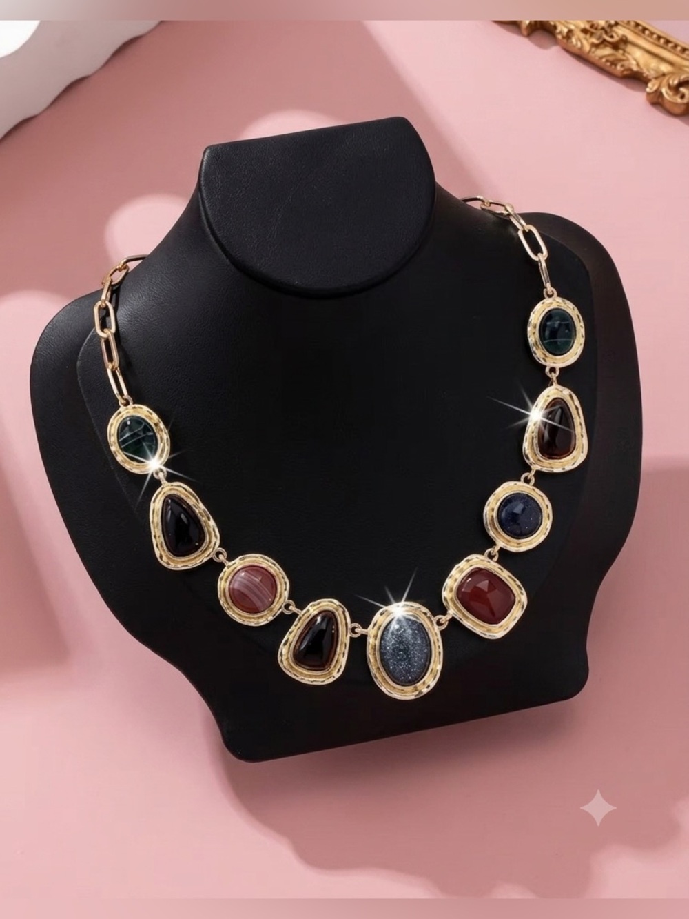 Gold-Tone Multi Stone Statement Necklace in Black, Blue, Red